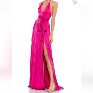 Ieena for Mac Duggal Halter Satin Sheath Gown